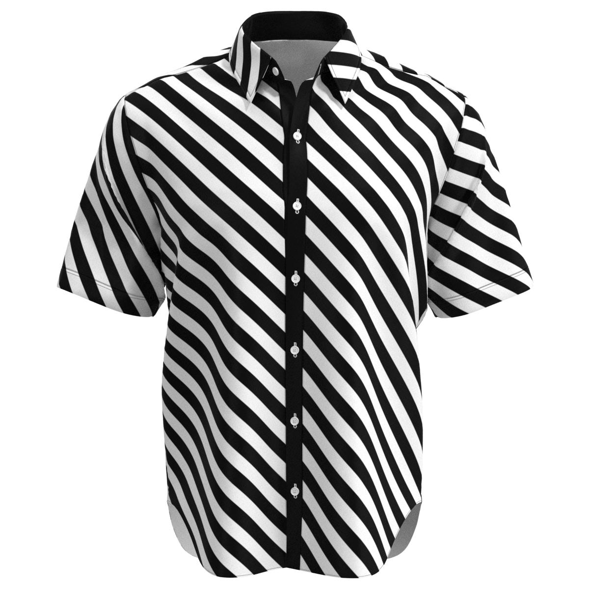 Black & White Diagonal Stripes Short Sleeve Buttons Shirt 