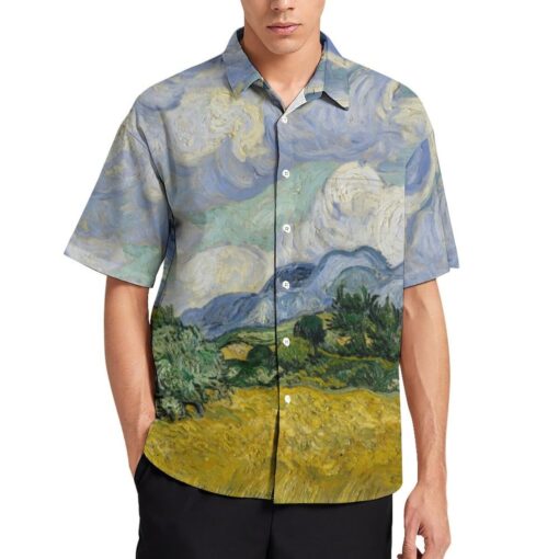 Wheat Field with Cypresses Van Gogh Painting Short Sleeve Buttons Shirt