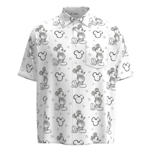 Mickey Mouse Pencil Sketch Drawing Disney Inspired in White Short Sleeve Buttons Shirt