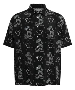 Mickey Mouse Pencil Sketch Drawing Disney Inspired in Black Short Sleeve Buttons Shirt