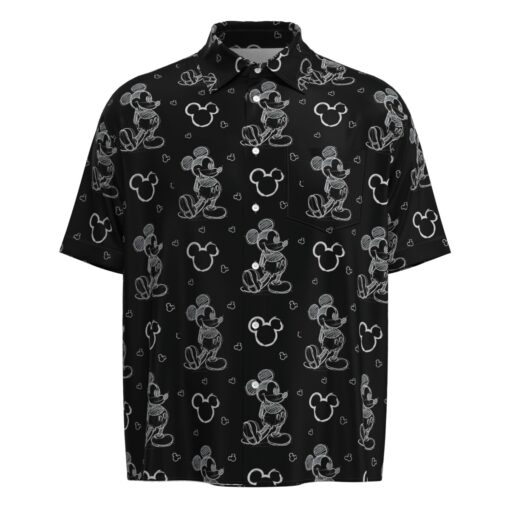 Mickey Mouse Pencil Sketch Drawing Disney Inspired in Black Short Sleeve Buttons Shirt