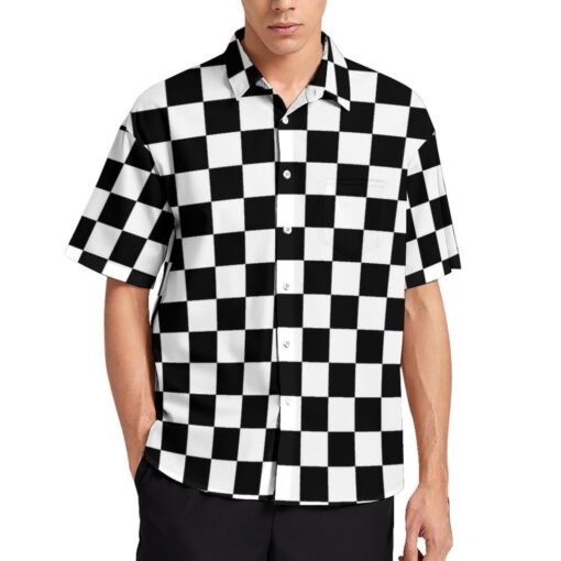 Black & White Checkered Box Short Sleeve Button Shirt - Image 2