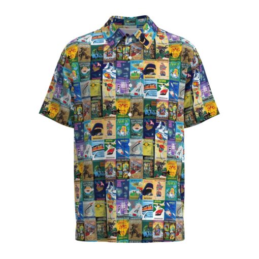 Fantasyland Posters Collage Disney Inspired Short Sleeve Buttons Shirt