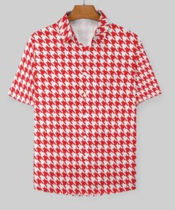 Red & White Houndstooth Short Sleeve Buttons Shirt