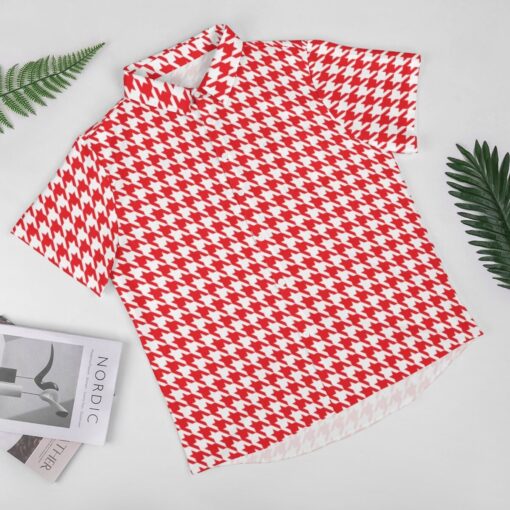 Red & White Houndstooth Short Sleeve Buttons Shirt - Image 2