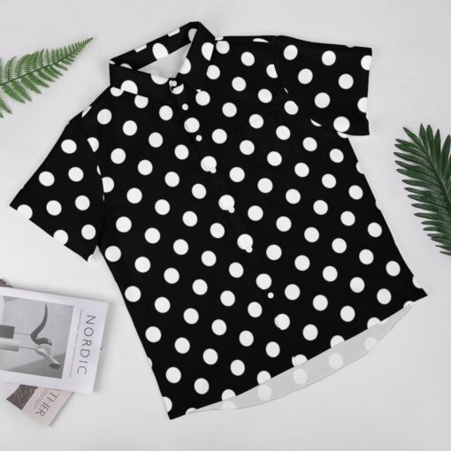 White Dots on Black Polka Dot Short Sleeve Buttons Shirt