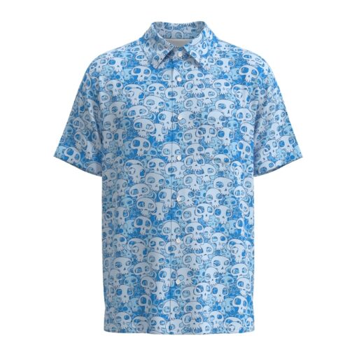 Head Skulls in Blue Short Sleeve Buttons Shirt